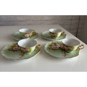 Vint Lefton Heritage Rose Green China Coffee Tea Cup Luncheon Plate Saucer Set 4